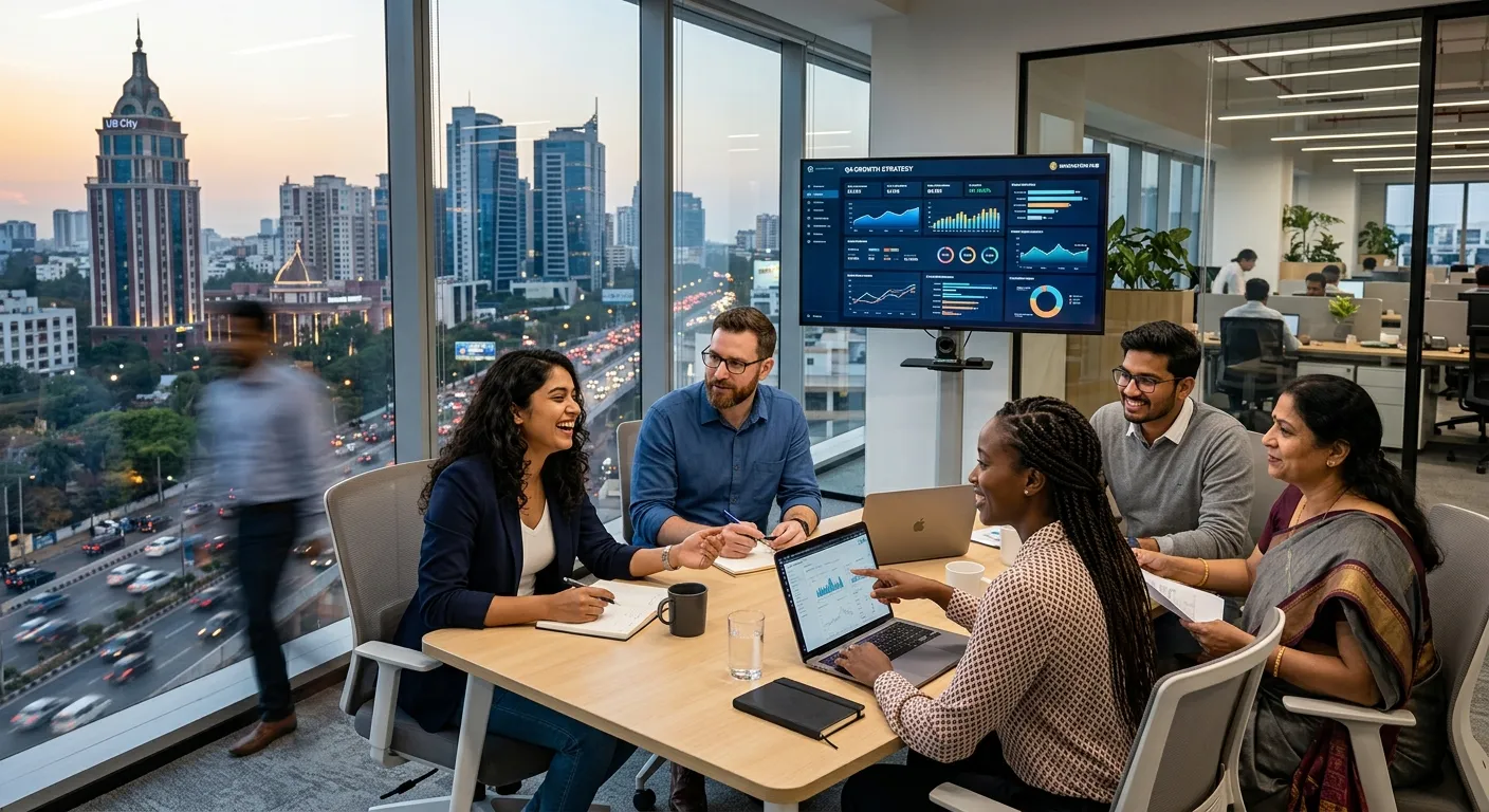 A dynamic, professional photo of a diverse team of IT and business professionals collaborating in a... A dynamic, professional photo of a diverse team of IT and business professionals collaborating in a modern Bangalore office, with the city skyline visible through floor-to-ceiling windows. Style: Corporate, vibrant, high-resolution. Mood: Success, collaboration, innovation.
