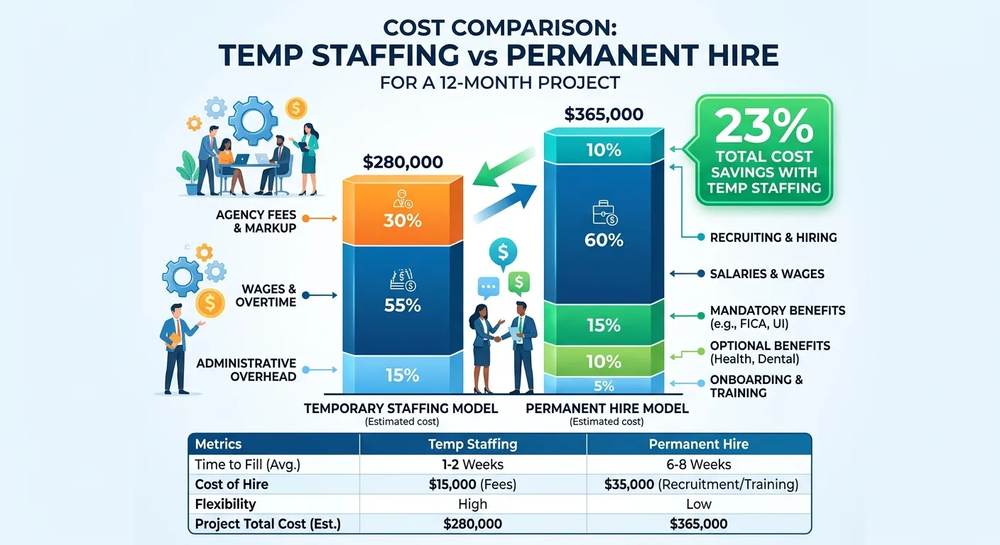 A graph showing cost comparison between temp staffing vs permanent hire for a project, with clear pe... A graph showing cost comparison between temp staffing vs permanent hire for a project, with clear percentage savings highlighted.