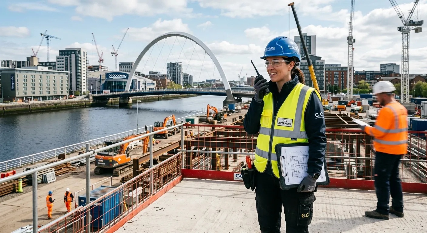 A professional, confident Site Supervisor in a high-visibility vest overseeing a modern construction or industrial site in Glasgow, with the Clyde Arc bridge or similar cityscape in the background. The image conveys authority, safety, and active management.