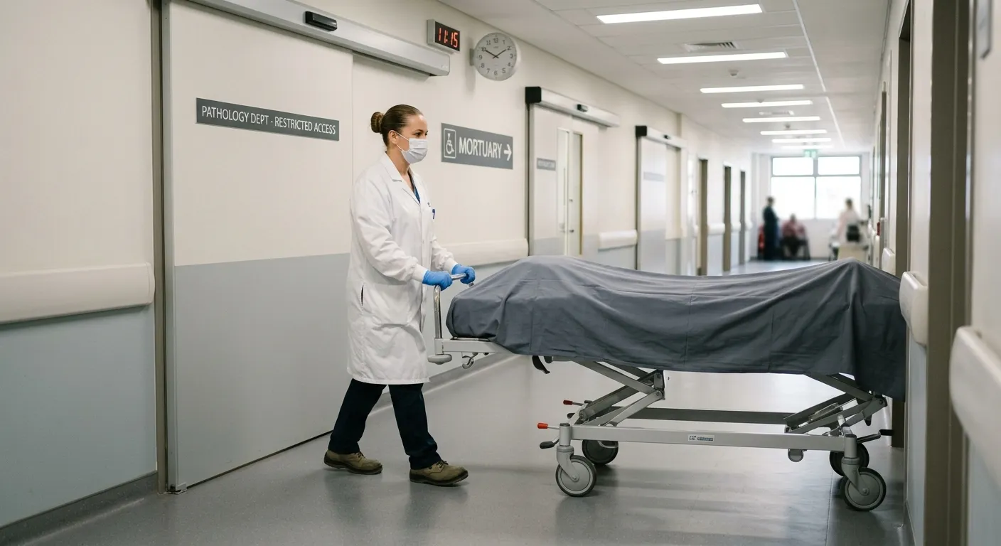 A professional, respectful, and well-lit photograph of a mortuary porter in appropriate personal pro... A professional, respectful, and well-lit photograph of a mortuary porter in appropriate personal protective equipment (PPE) such as a white coat and gloves, carefully moving a hospital trolley in a clean, modern hospital corridor, conveying dignity, professionalism, and a calm work environment.