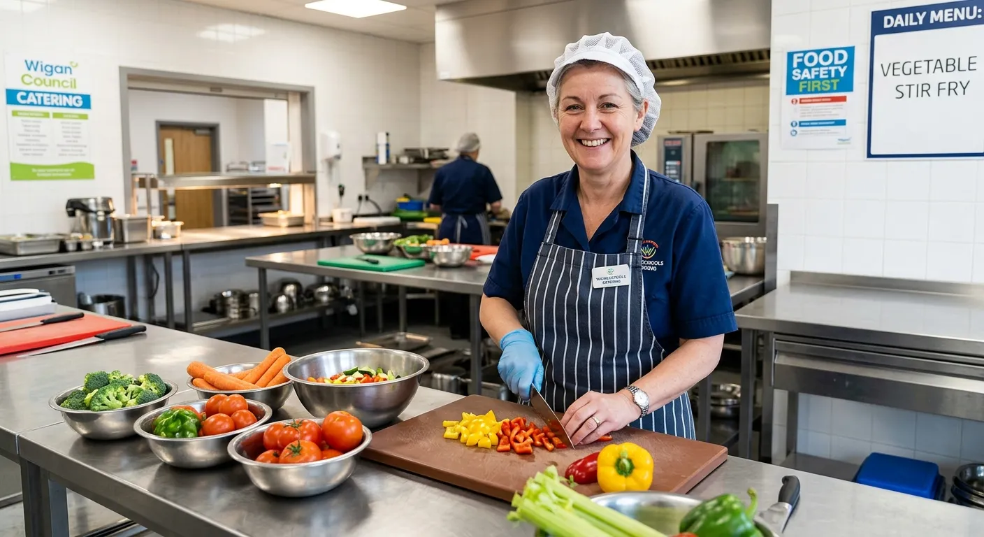 A professional, well-lit photo of a friendly School Cook in a clean, modern school kitchen in Wigan,... A professional, well-lit photo of a friendly School Cook in a clean, modern school kitchen in Wigan, smiling while preparing fresh vegetables. They are wearing a hygienic uniform, hairnet, and apron, with a focus on safety and quality.