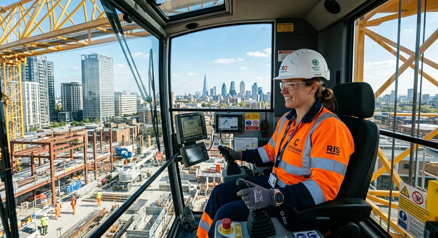 A professional, confident crane operator at work in a Croydon CR0 construction site, wearing full PP... A professional, confident crane operator at work in a Croydon CR0 construction site, wearing full PPE and operating the controls, with the London skyline in the distance on a clear day.