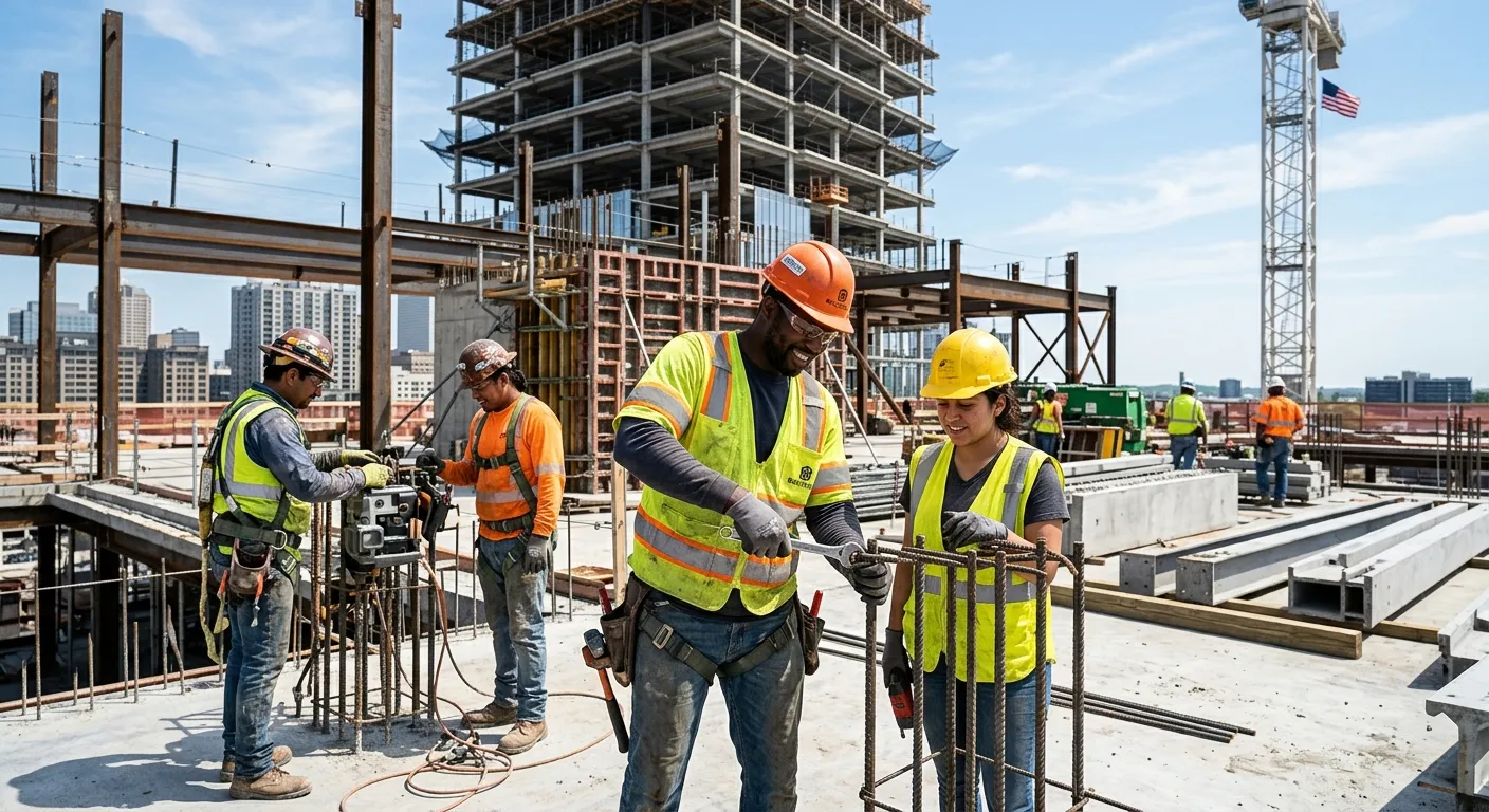 A dynamic, professional hero image showing a diverse team of labourers collaborating on a modern construction site. The mood is energetic, productive, and trustworthy, with a focus on skilled workers in high-visibility vests and safety gear, set against a clear sky.