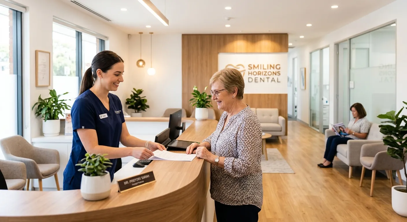 A modern, well-lit dental practice reception area. A professional, friendly receptionist in scrubs is smiling while helping a patient at the front desk. The image should convey warmth, organization, and a high-standard clinical environment. Style: Professional photography, bright and clean.