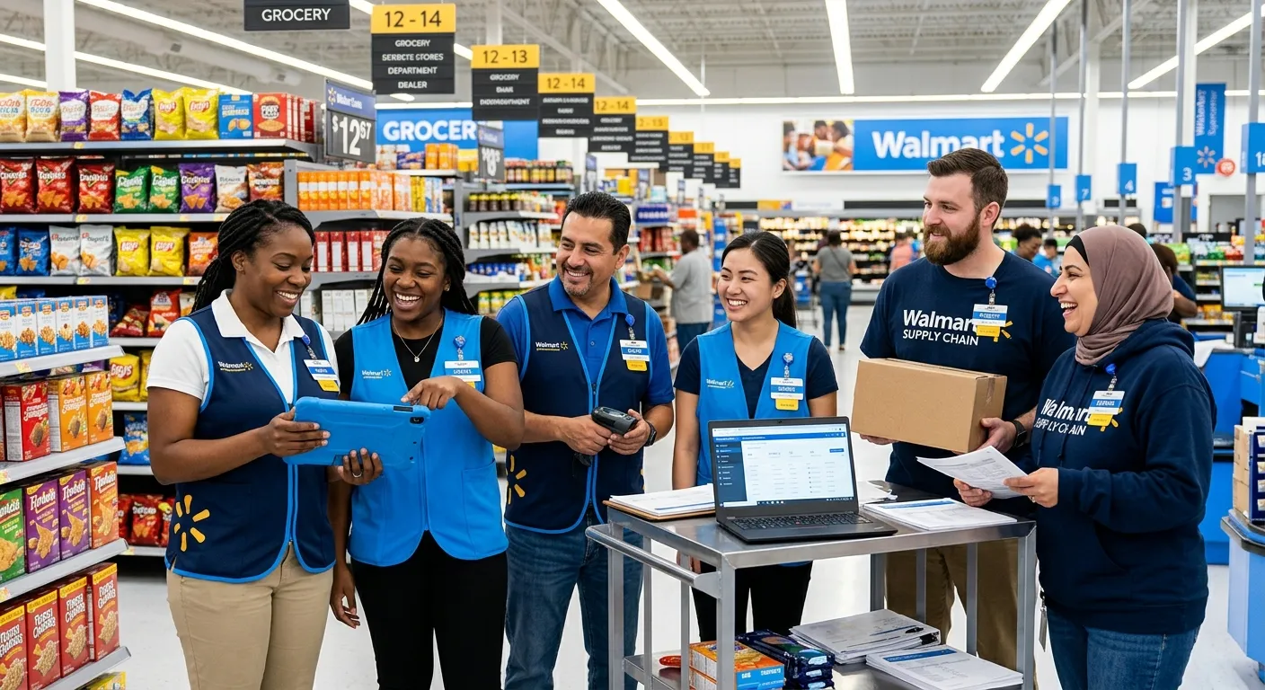 A modern, diverse group of retail and warehouse associates in a bright Walmart store, some in blue v... A modern, diverse group of retail and warehouse associates in a bright Walmart store, some in blue vests, smiling and collaborating, representing a mix of full-time and part-time roles. Professional, corporate style.