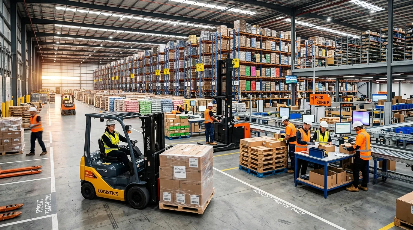A dynamic, high-contrast hero image of a modern, well-organized warehouse with staff in high-visibil... A dynamic, high-contrast hero image of a modern, well-organized warehouse with staff in high-visibility vests efficiently operating forklifts and managing inventory. The image should convey professionalism, scale, and seamless logistics operations.