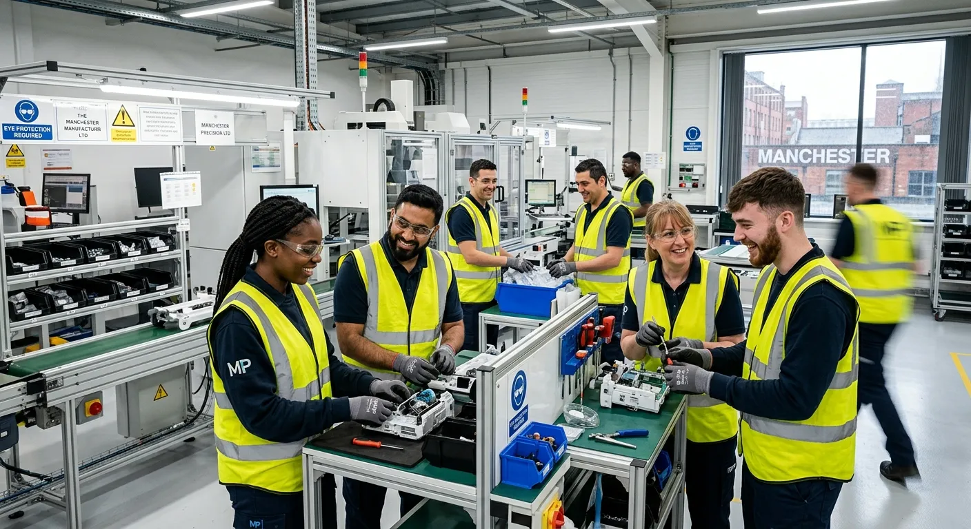 A professional, high-energy photo of a diverse team of production operatives working collaboratively... A professional, high-energy photo of a diverse team of production operatives working collaboratively in a modern, clean Manchester manufacturing facility. They are assembling products, smiling, and communicating, with visible safety gear. The mood is efficient, positive, and industrious.