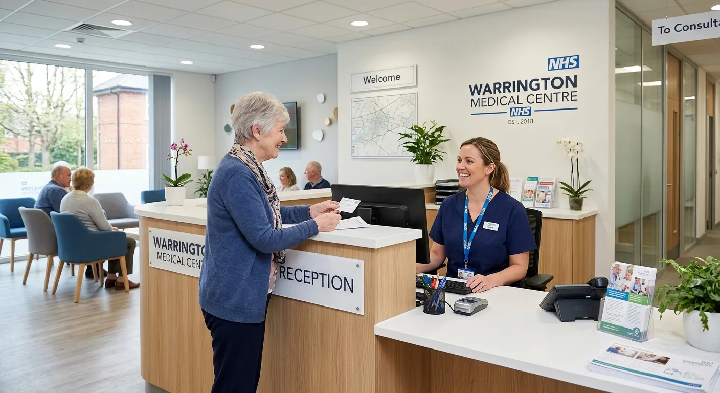 A professional, welcoming image of a modern medical reception desk in a clinic or GP surgery in Warrington, featuring a friendly receptionist assisting a patient, with a clean, organised, and calm aesthetic.
