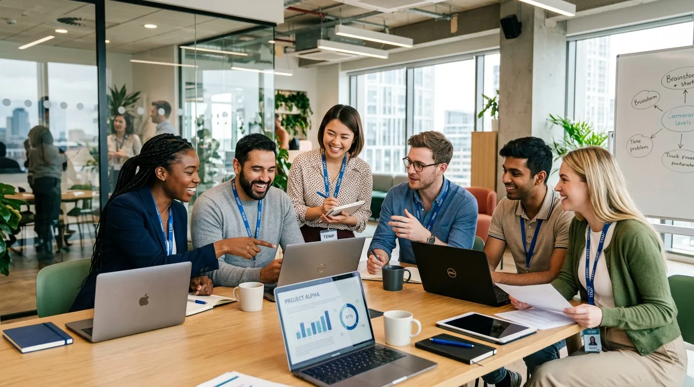 A dynamic, professional hero image showing a diverse group of temporary workers in a modern office s... A dynamic, professional hero image showing a diverse group of temporary workers in a modern office setting, smiling and collaborating. The style is bright, energetic, and contemporary, with a focus on human connection and productivity.