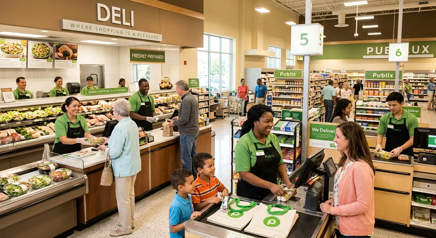 A professional, well-lit image of a modern Publix supermarket interior, focusing on friendly, divers... A professional, well-lit image of a modern Publix supermarket interior, focusing on friendly, diverse employees in uniform assisting customers at the deli counter and checkout. Style is corporate, clean, and aspirational, conveying a positive workplace culture.