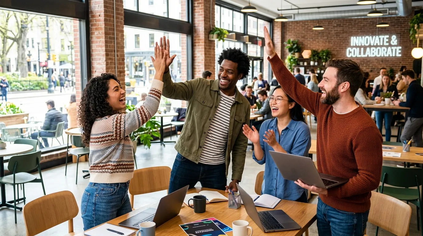 A dynamic, professional hero image showing a diverse group of happy, skilled workers in casual attir... A dynamic, professional hero image showing a diverse group of happy, skilled workers in casual attire, high-fiving or collaborating in a bright, modern cafe or event space on a weekend. Style is vibrant, realistic, and conveys energy and reliability.
