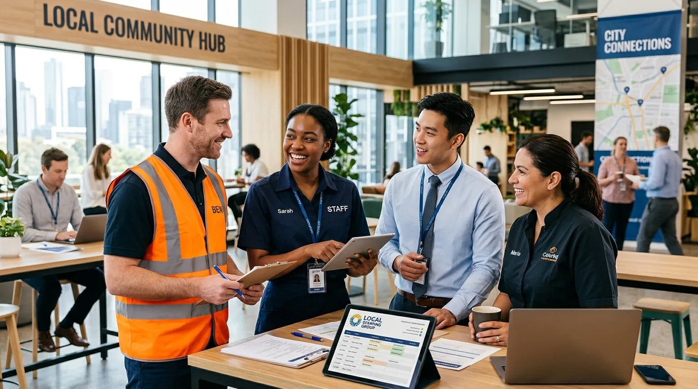A dynamic, professional hero image showing a diverse group of temporary workers in various uniforms... A dynamic, professional hero image showing a diverse group of temporary workers in various uniforms (warehouse, hospitality, office) collaborating in a modern workplace. Focus on energy, reliability, and local community. Style: Bright, optimistic, professional corporate photography.
