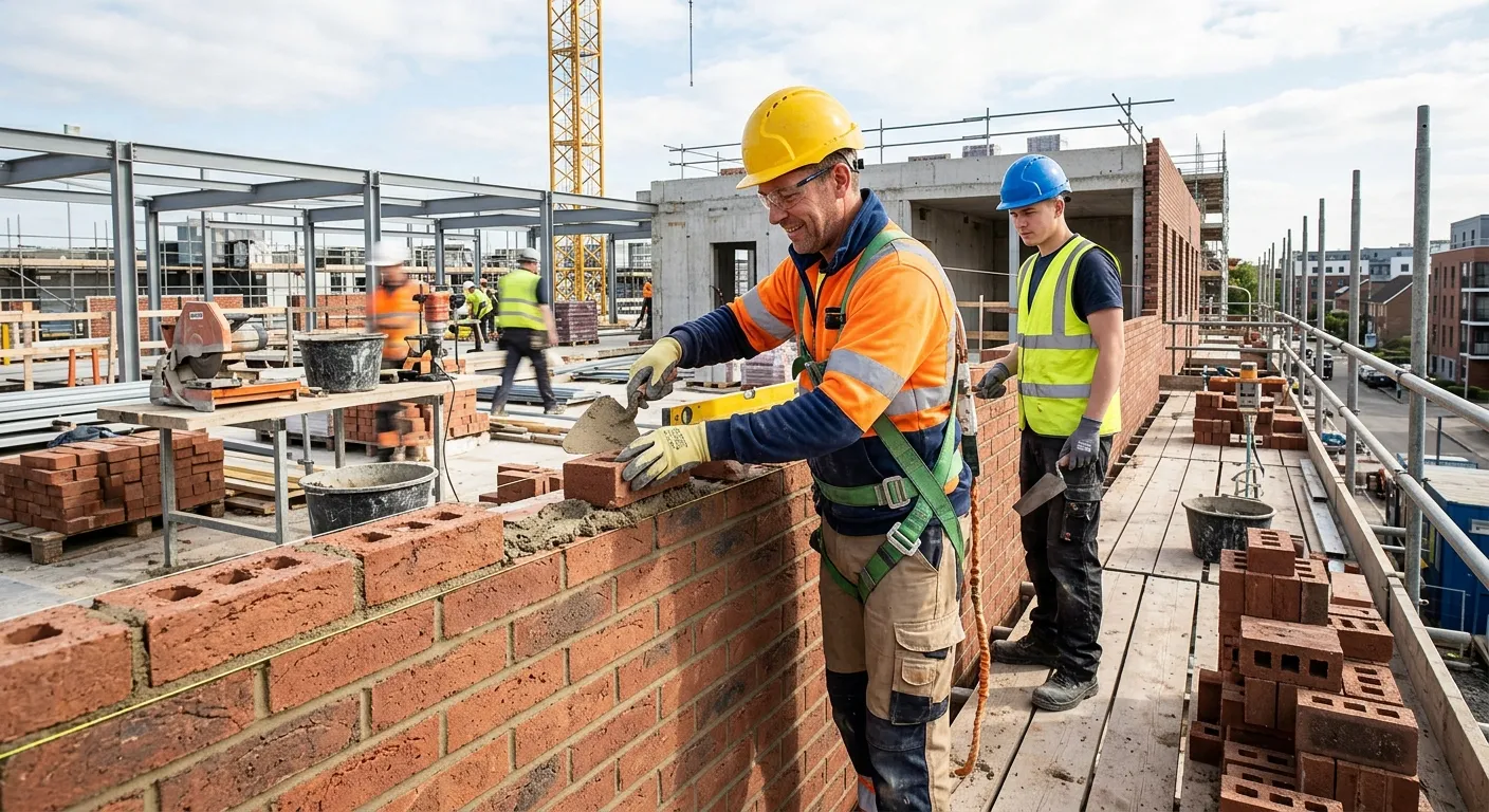 A professional, high-energy photograph of skilled bricklayers at work on a modern construction site,... A professional, high-energy photograph of skilled bricklayers at work on a modern construction site, showcasing precision bricklaying, safety gear, and a clean, organized work environment. The mood is productive, skilled, and reliable.