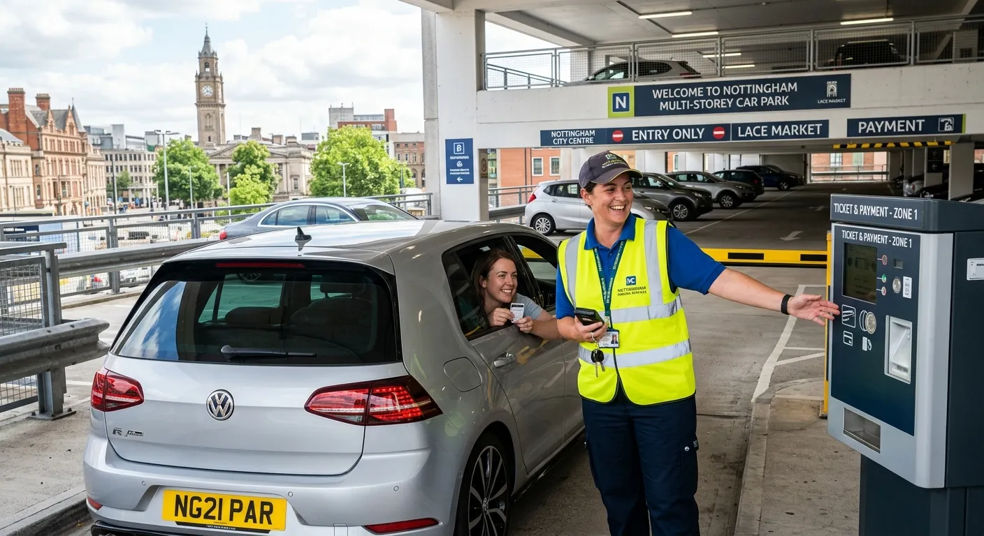 A professional, friendly Parking Attendant in a high-visibility vest, assisting a driver at a modern... A professional, friendly Parking Attendant in a high-visibility vest, assisting a driver at a modern, clean multi-storey car park in Nottingham city centre, daytime, conveying helpfulness and local expertise.