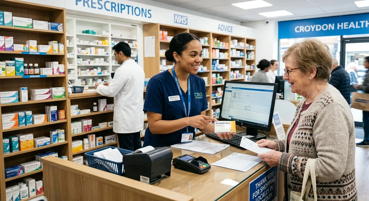 A professional, confident Pharmacy Technician in a modern, well-lit pharmacy in Croydon, assisting a customer at the counter. The image should convey trust, precision, and a fast-paced healthcare environment.