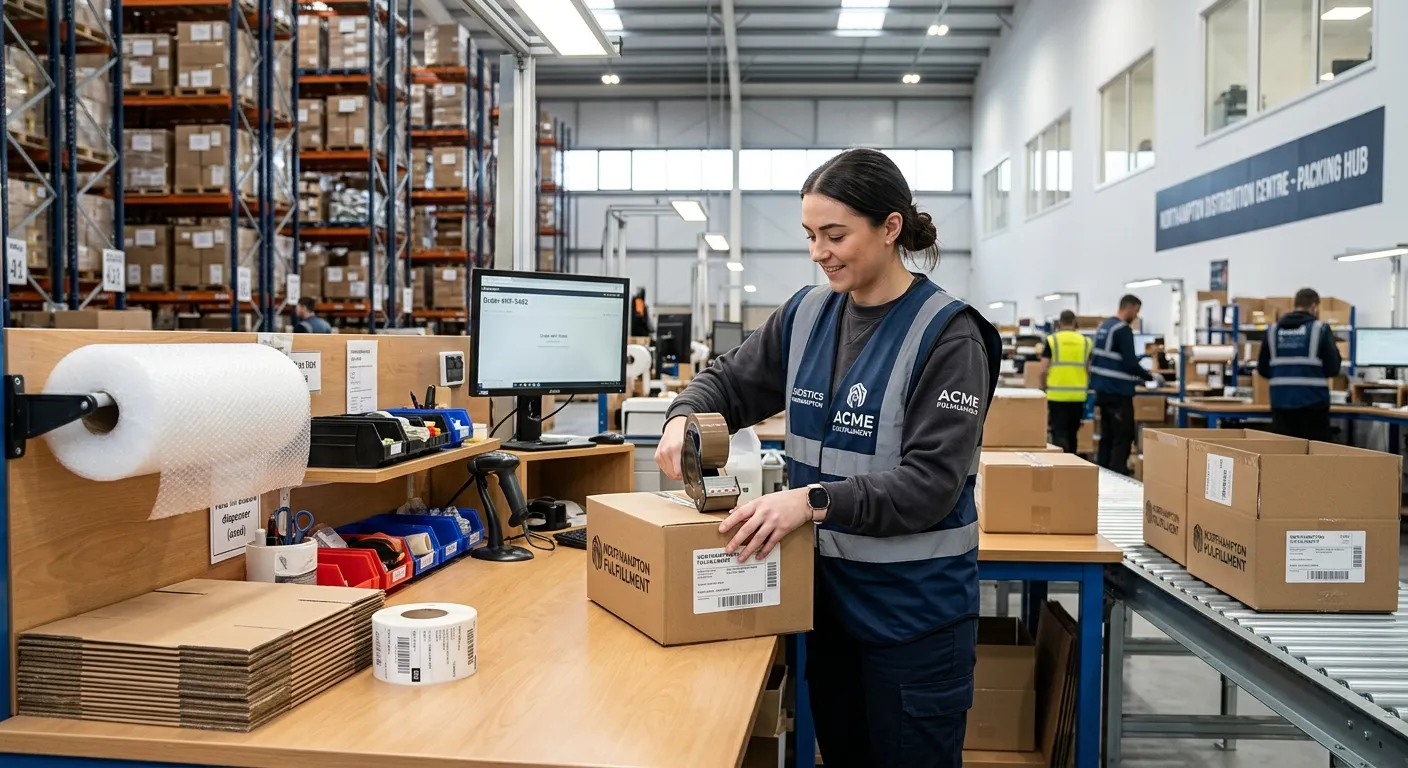 A professional, well-lit photograph of a modern warehouse packing station in Northampton. A focused... A professional, well-lit photograph of a modern warehouse packing station in Northampton. A focused individual is efficiently packing boxes, with clear organisation. The mood is productive, clean, and professional.