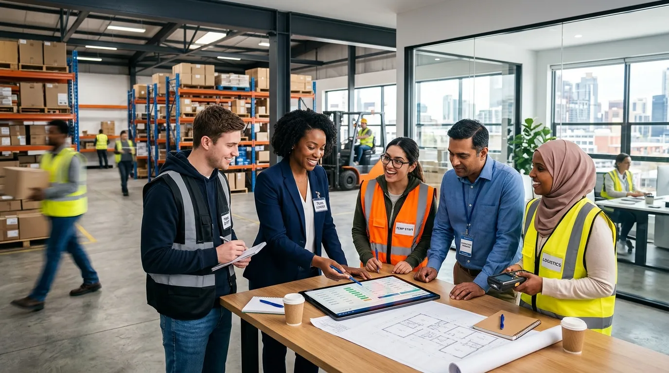A dynamic, professional hero image showing a diverse group of temporary workers in a modern office a... A dynamic, professional hero image showing a diverse group of temporary workers in a modern office and warehouse hybrid setting, collaborating with managers. Focus on energy, flexibility, and teamwork. Style: modern corporate photography with vibrant, high-contrast lighting.