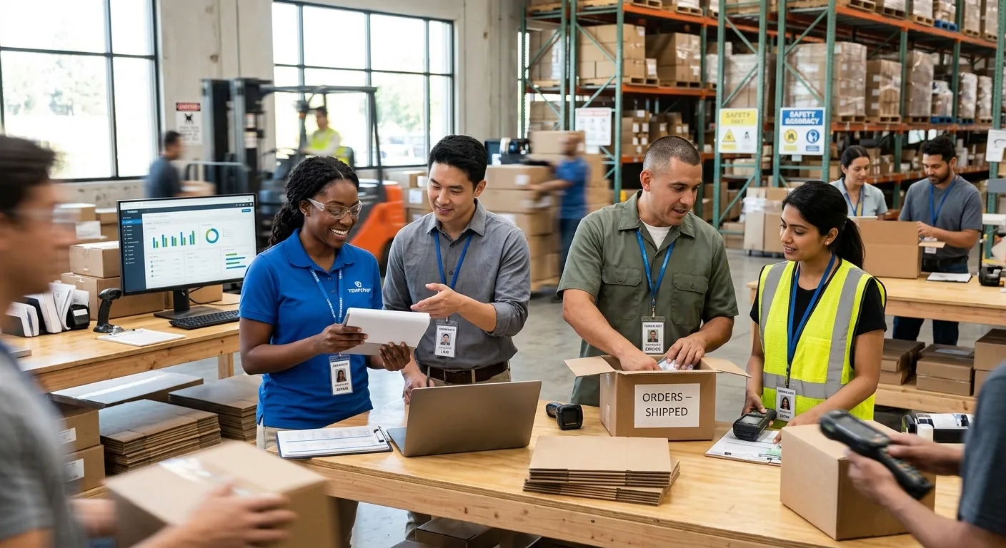 A dynamic, professional photo of a diverse group of temporary workers collaborating in a modern office/warehouse environment. Style: Bright, energetic, with a focus on teamwork and productivity. Mood: Confident, efficient, and forward-moving.