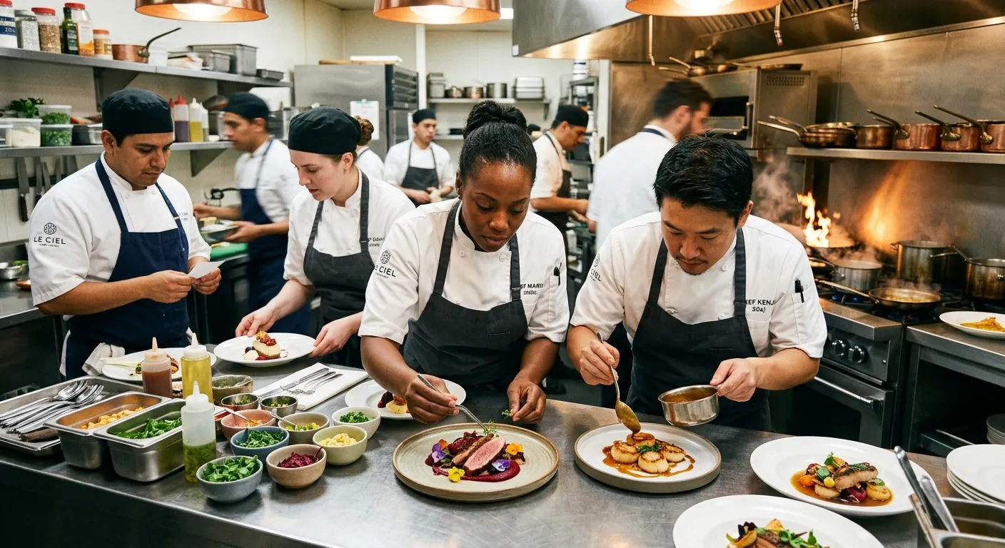 A dynamic, high-energy professional kitchen scene. A diverse team of chefs in crisp whites are colla... A dynamic, high-energy professional kitchen scene. A diverse team of chefs in crisp whites are collaborating on plating modern dishes. The mood is focused, professional, and vibrant, with sharp focus on skilled hands and high-quality ingredients.