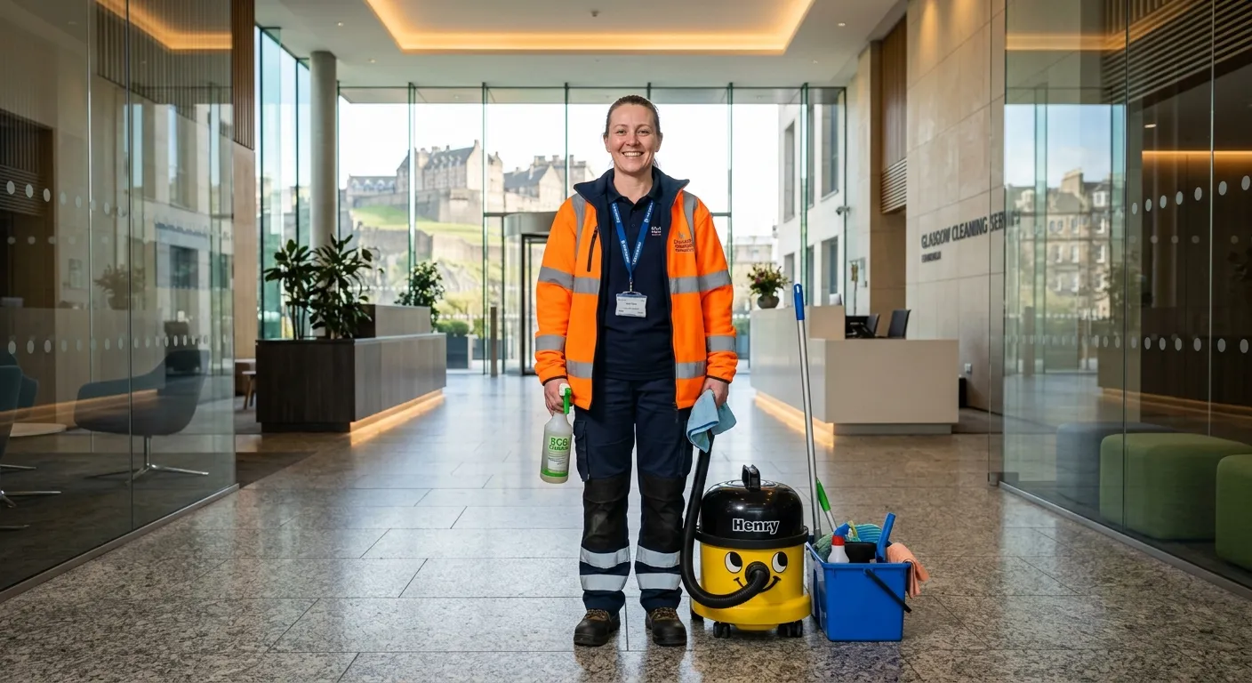 A professional, well-lit photo of a site cleaner in high-visibility clothing, smiling and confidentl... A professional, well-lit photo of a site cleaner in high-visibility clothing, smiling and confidently holding cleaning equipment, standing in a clean, modern commercial building lobby in Edinburgh. The image should convey professionalism, reliability, and a positive work environment.