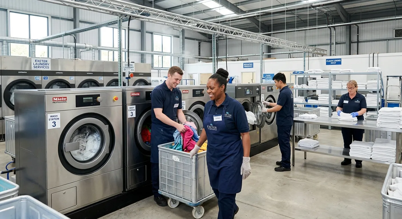 A professional, welcoming image of a modern, clean industrial laundry facility in Exeter. A friendly... A professional, welcoming image of a modern, clean industrial laundry facility in Exeter. A friendly, diverse team of laundry operatives are working efficiently with commercial washing machines and sorting linen. The mood is bright, productive, and professional.