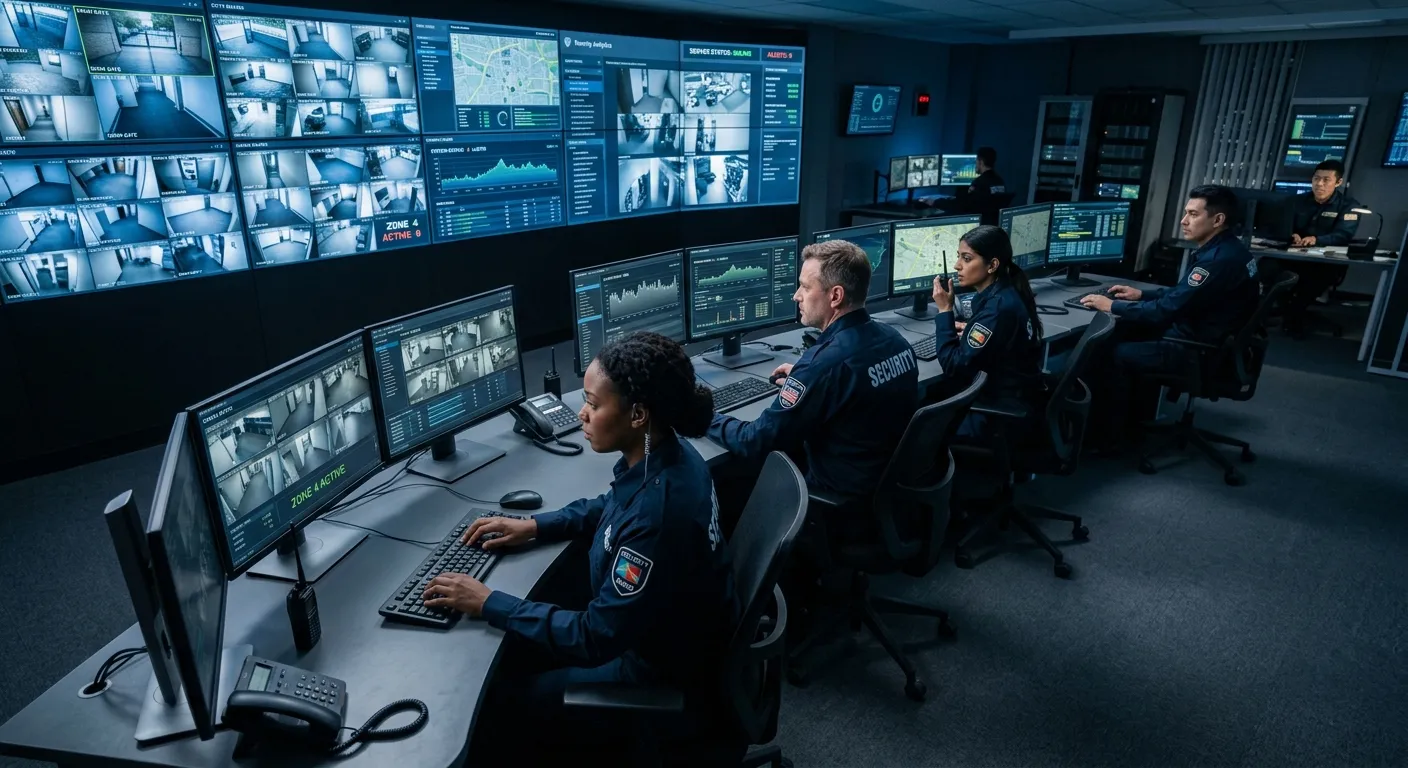 A professional, high-angle shot of a diverse team of uniformed security personnel in a modern control room, monitoring multiple screens with data and CCTV feeds. The mood is vigilant, authoritative, and technologically advanced.