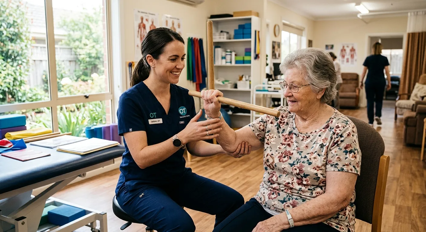 A professional Occupational Therapist in a bright community clinic, assisting an elderly patient with upper limb exercises. Style: Warm, authentic, and focused. Mood: Compassionate and skilled.