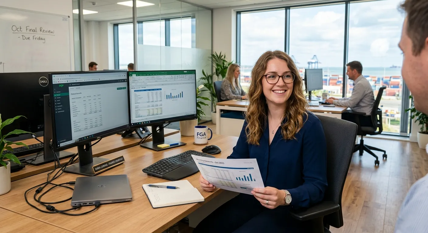 A professional, well-lit office environment in Felixstowe, Suffolk. A friendly Finance Assistant is working at a modern desk with dual monitors, reviewing financial documents, smiling. The mood is productive, trustworthy, and welcoming.