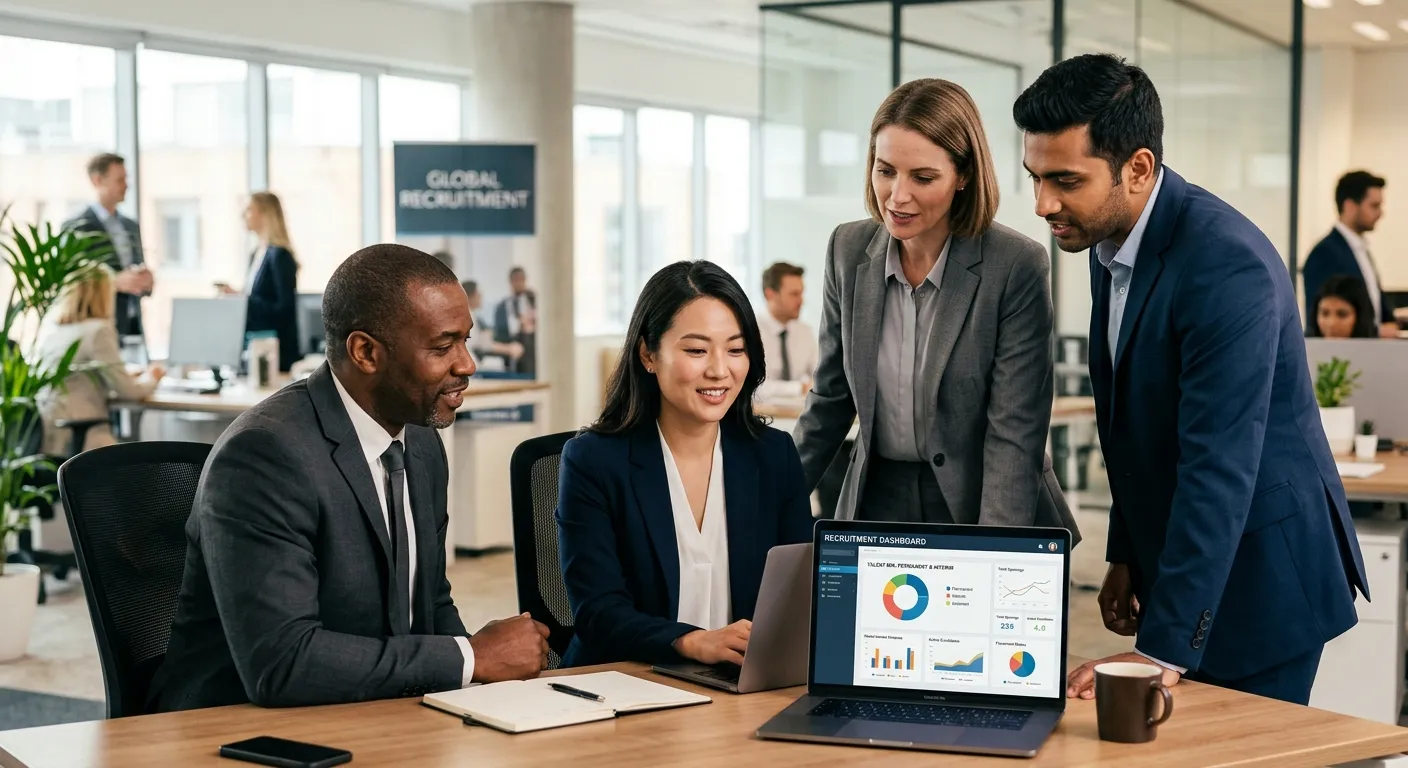 Professional, diverse group of suited professionals in a modern office, one looking at a laptop scre... Professional, diverse group of suited professionals in a modern office, one looking at a laptop screen showing a recruitment dashboard, representing the blend of permanent and interim talent. Style: high-resolution corporate photography with warm, confident mood.