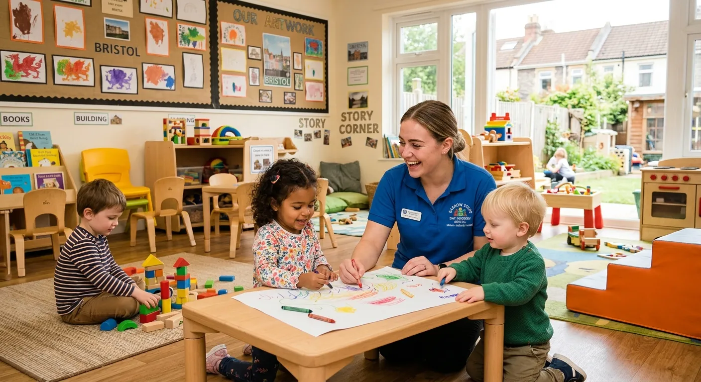 A professional, warm, and welcoming photo of a Nursery Nurse engaging with young children in a brigh... A professional, warm, and welcoming photo of a Nursery Nurse engaging with young children in a bright, well-equipped early years setting in Bristol. The style should be authentic, high-quality, and convey trust, care, and professionalism.