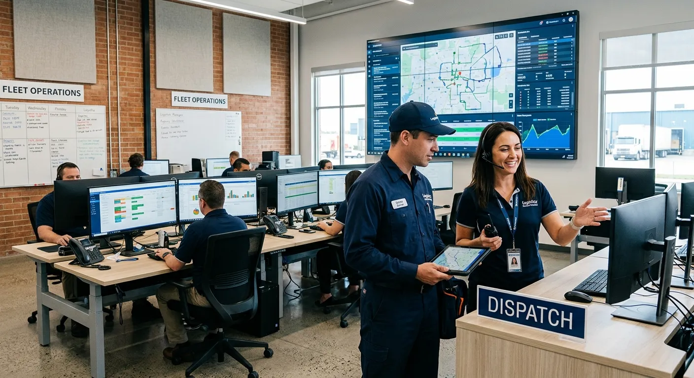 A modern logistics dispatch office, with managers reviewing digital schedules on large monitors. A u... A modern logistics dispatch office, with managers reviewing digital schedules on large monitors. A uniformed agency driver is being warmly greeted and briefed by a team leader, symbolising seamless integration. Style: professional, bright, and dynamic.