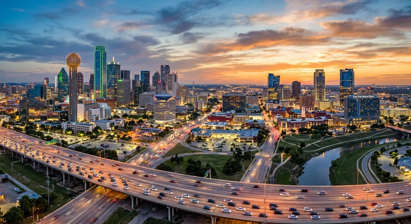 Wide-angle, professional skyline view of Dallas and Fort Worth, Texas, featuring modern skyscrapers,... Wide-angle, professional skyline view of Dallas and Fort Worth, Texas, featuring modern skyscrapers, the Reunion Tower, and bustling streets, symbolizing economic opportunity and career growth. Style: Vibrant, realistic, optimistic. Mood: Energetic, prosperous, and professional.