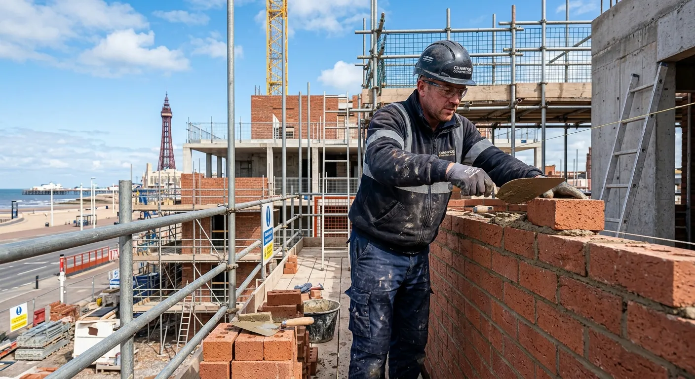 A professional, mid-action shot of a skilled bricklayer laying bricks on a modern construction site... A professional, mid-action shot of a skilled bricklayer laying bricks on a modern construction site in Blackpool, with scaffolding and blue sky in the background. Style: realistic, high-quality, professional. Mood: industrious, skilled, and reliable.
