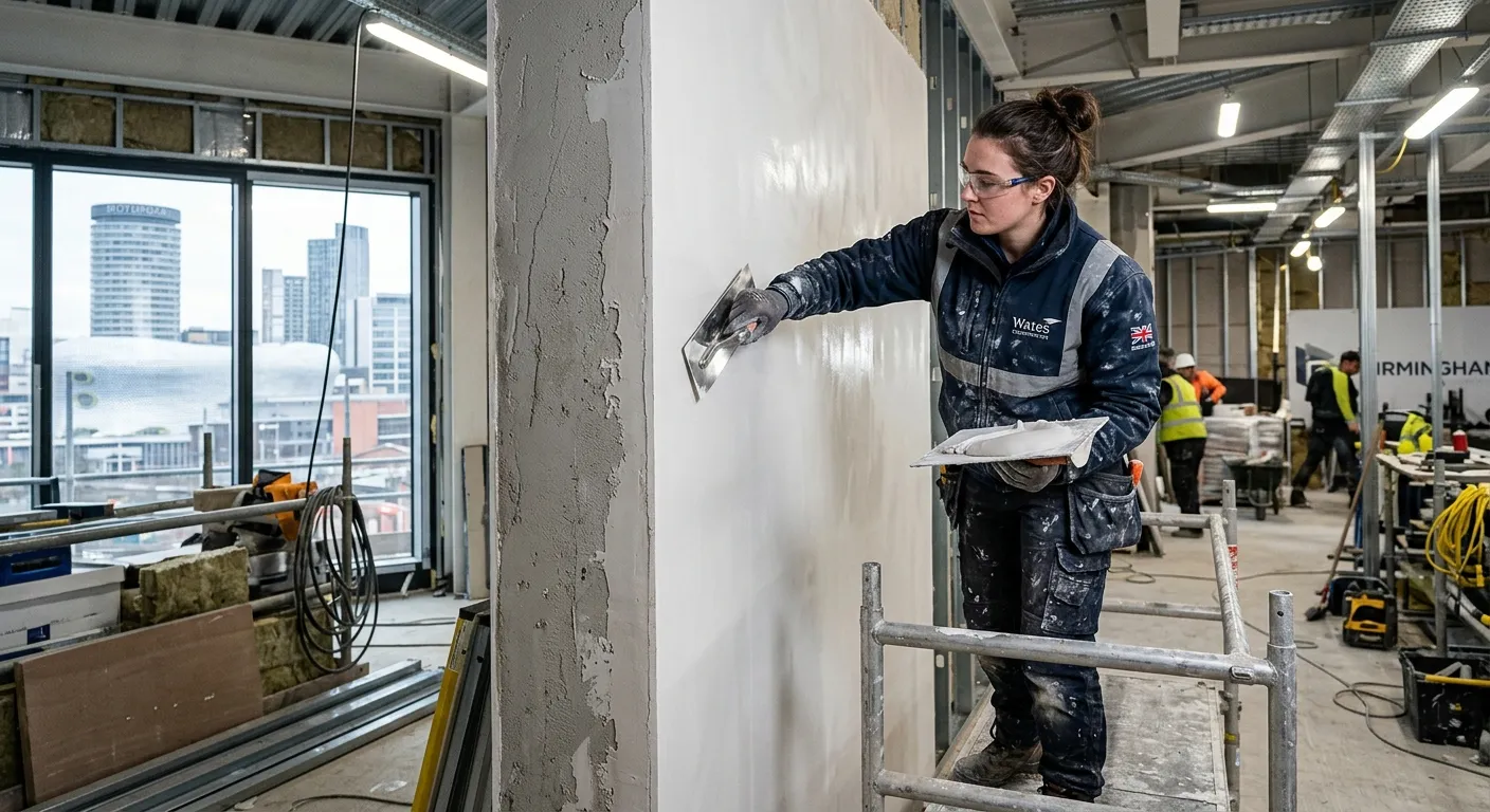 A professional, high-energy photograph of a skilled plasterer in modern workwear, applying a smooth, flawless finish to an interior wall in a well-lit Birmingham construction site. The image should convey expertise, quality, and local industry action.