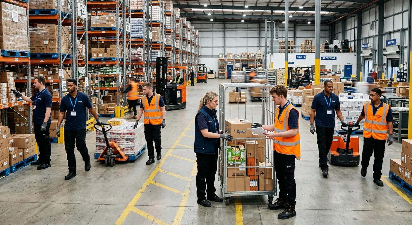 A professional, high-contrast image of a modern supermarket warehouse floor with employees in unifor... A professional, high-contrast image of a modern supermarket warehouse floor with employees in uniforms, showcasing a blend of full-time and temporary staff working collaboratively. Style: Corporate, realistic. Mood: Efficient, bustling, and professional.