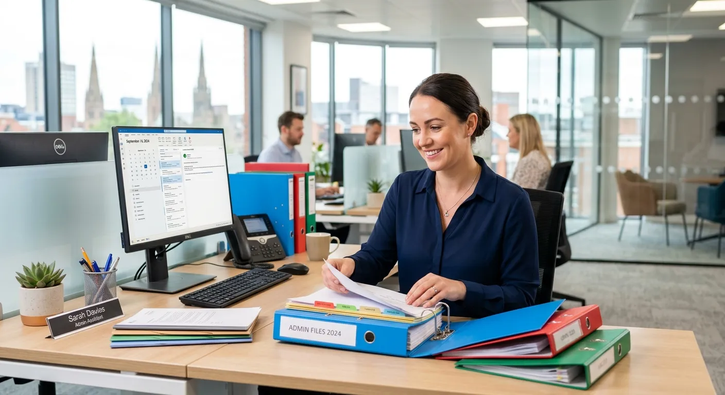 A professional, friendly-looking Admin Assistant in a modern Coventry office setting, organising fil... A professional, friendly-looking Admin Assistant in a modern Coventry office setting, organising files at a desk with a computer. The image should convey efficiency, organisation, and a positive work environment. Style: Bright, clean, and professional.