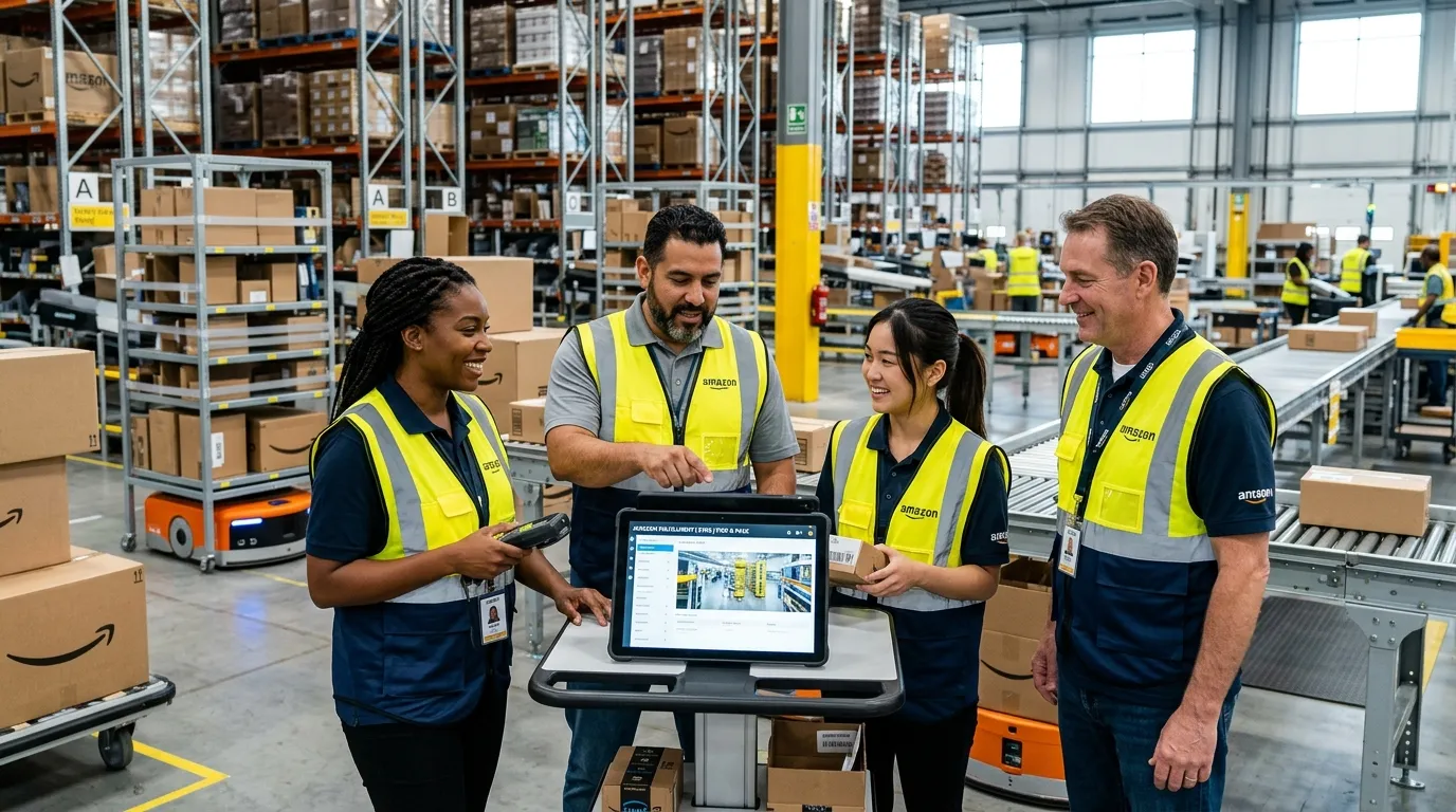 Modern, professional hero image featuring a diverse group of Amazon employees and warehouse workers... Modern, professional hero image featuring a diverse group of Amazon employees and warehouse workers collaborating in a bright, high-tech fulfilment centre. Style: Corporate, inspiring, high-contrast. Mood: Energetic and professional.