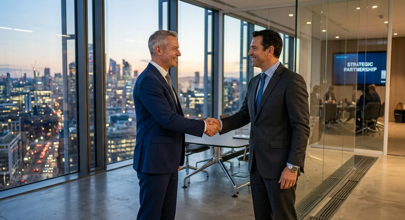 A professional, dynamic photo of two business executives in a modern office shaking hands, with a blurred background of a city skyline. The mood is confident, successful, and strategic.