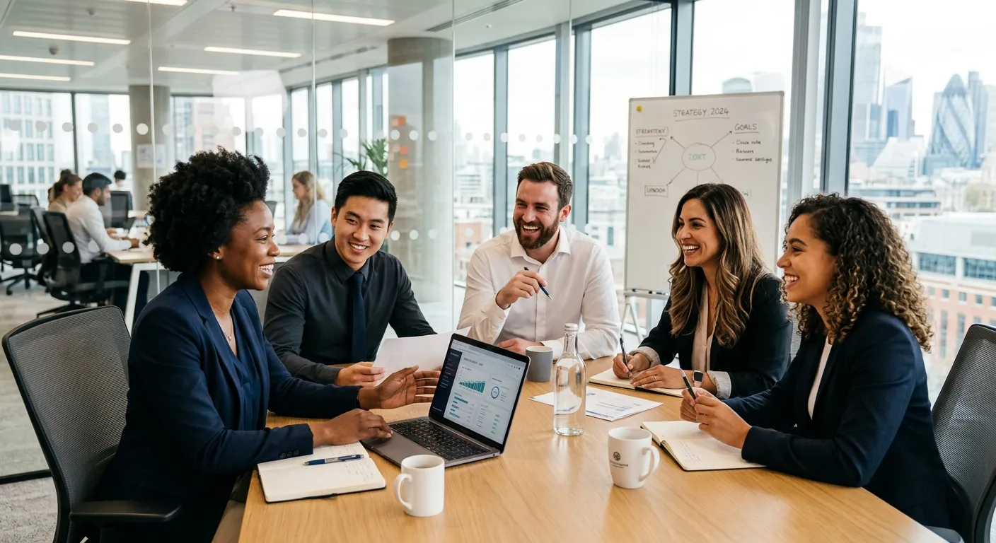 A professional, high-contrast image of a diverse team of professionals in a modern office setting, c... A professional, high-contrast image of a diverse team of professionals in a modern office setting, collaborating and smiling. The style is bright, confident, and corporate, with a focus on human connection and success.