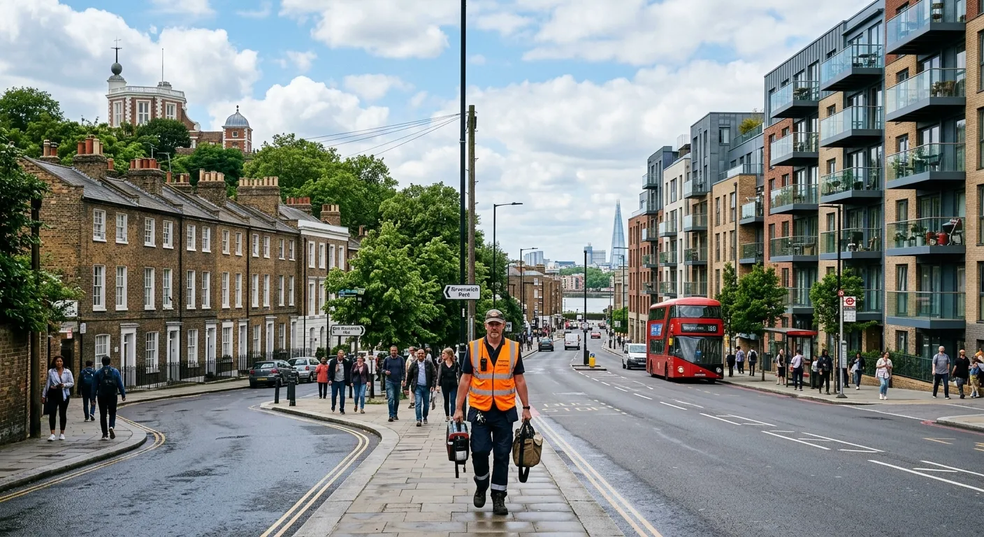 A wide-angle photo showcasing the diverse architecture of Greenwich SE10, from historic terraced houses near the park to modern apartment blocks, with a caretaker in high-vis vest walking through the scene.