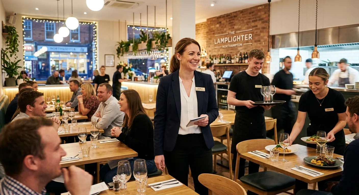 A professional, high-resolution image of a confident Restaurant Manager in a modern Northampton restaurant, smiling while overseeing a team during a busy service. Style: bright, inviting, with a focus on leadership and hospitality.