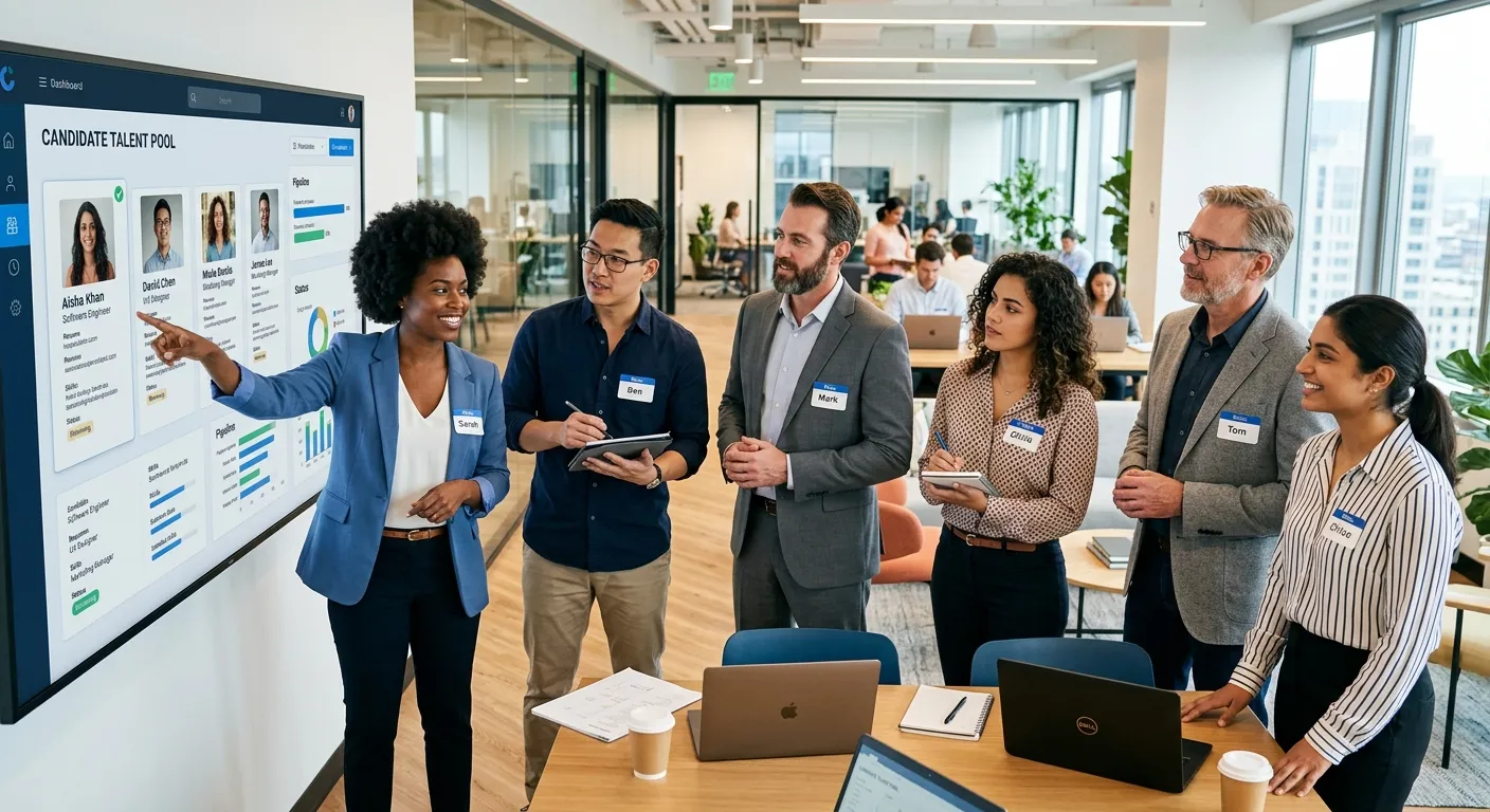 A diverse group of professional recruiters and hiring managers in a modern office, reviewing candida... A diverse group of professional recruiters and hiring managers in a modern office, reviewing candidate profiles on a digital dashboard. The image has a vibrant, collaborative, and professional mood.