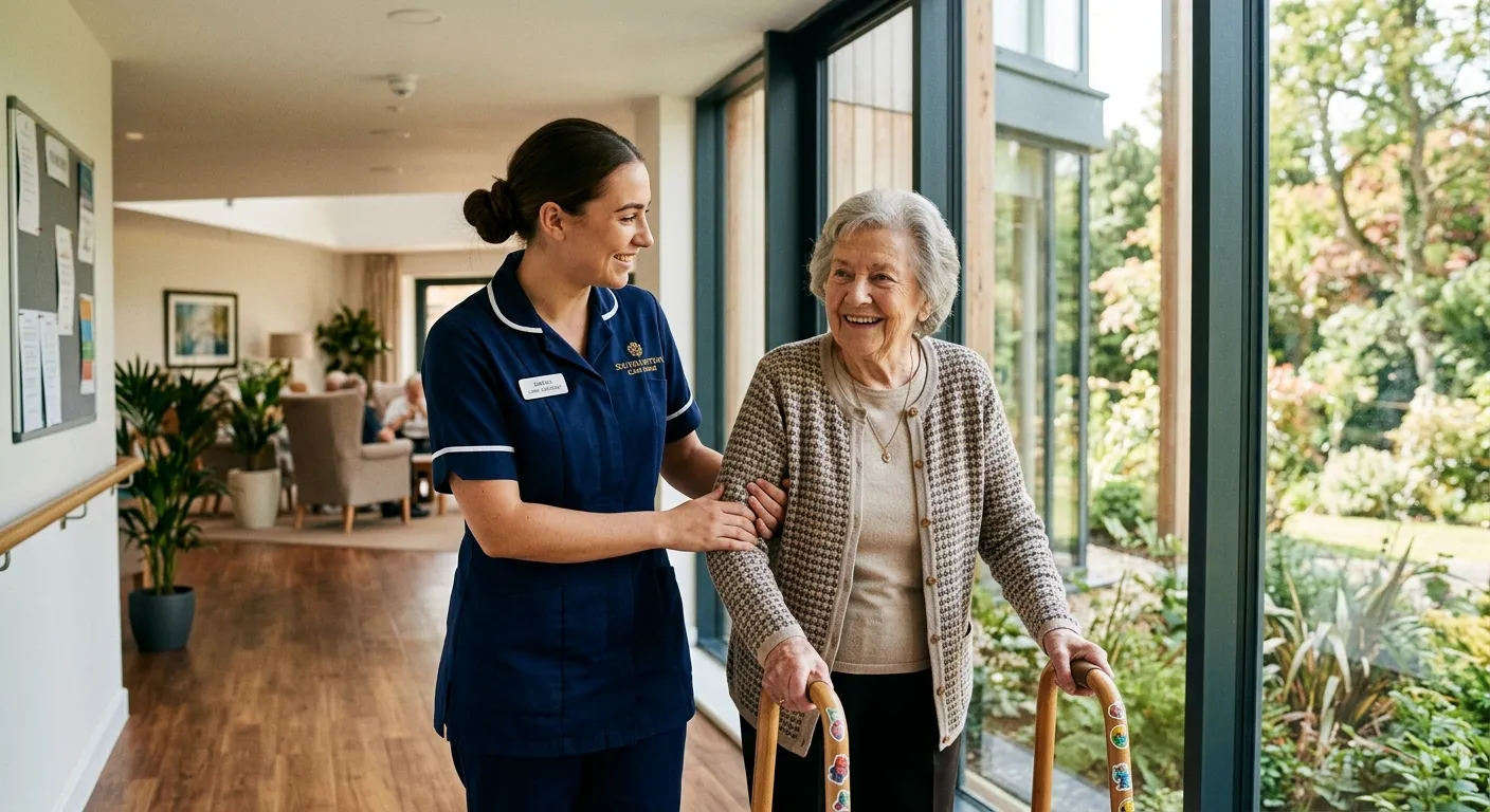 A professional, warm-toned photograph of a compassionate care assistant helping an elderly resident in a well-lit, modern Southampton care home. The image should convey trust, professionalism, and a positive work environment.