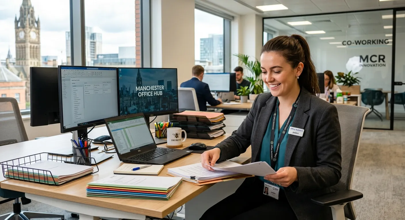 A professional, friendly Office Assistant working at a modern desk in a bright Manchester city centre office, smiling while organising documents. The image conveys efficiency, organisation, and a positive work environment.