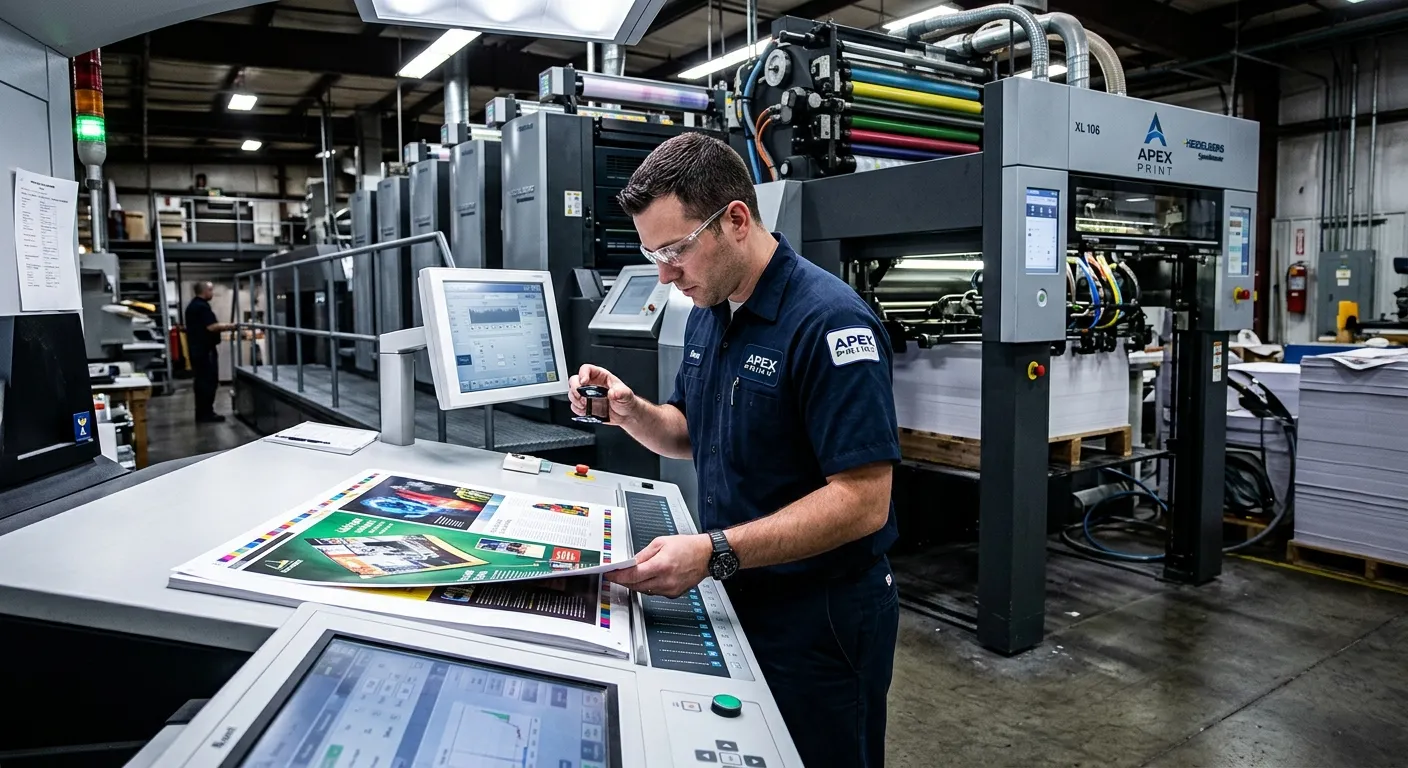 A dynamic, high-contrast photo of a modern print production floor. Focus on a skilled press operator in a clean uniform checking colour quality on a large commercial printing press. The mood is professional, precise, and technologically advanced.