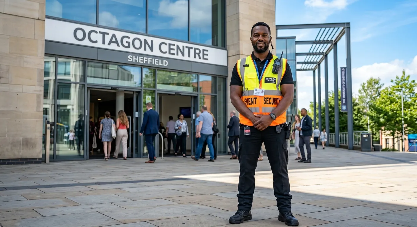 A professional, confident Event Security officer in hi-vis vest and radio, standing at the entrance... A professional, confident Event Security officer in hi-vis vest and radio, standing at the entrance of a modern venue in Sheffield, looking alert and approachable. Style: professional, aspirational, clear skies.