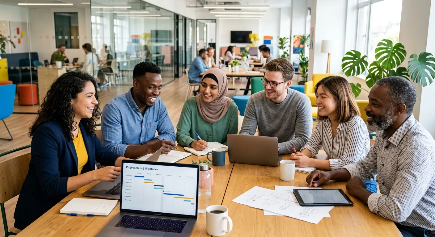 A diverse group of professional temporary workers in a modern office environment, collaborating and... A diverse group of professional temporary workers in a modern office environment, collaborating and smiling. Style is bright, professional, and energetic, with a focus on teamwork and dynamic action.
