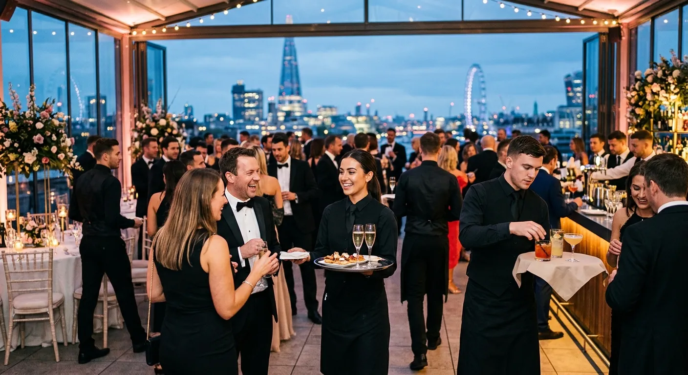 A dynamic, high-energy shot of a professional event team in London executing a flawless corporate ga... A dynamic, high-energy shot of a professional event team in London executing a flawless corporate gala. Stylish staff in black attire serving guests, with soft focus on London skyline (The Shard, London Eye) in the background. Professional, vibrant, and confident mood.