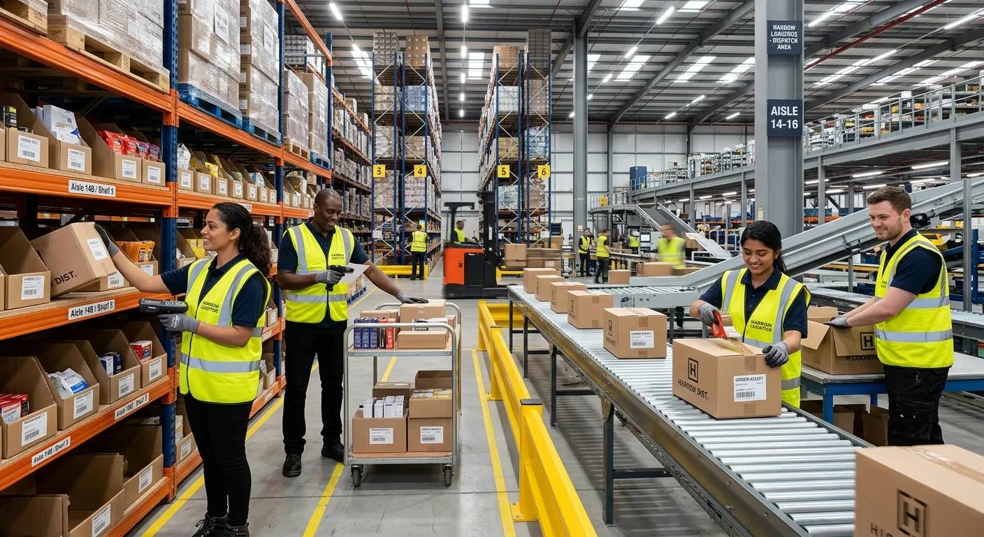 A dynamic, professional photograph of a diverse team of warehouse operatives and picker packers in a... A dynamic, professional photograph of a diverse team of warehouse operatives and picker packers in a modern, well-organised distribution centre in Harrow. They are actively engaged in picking items from high shelves using RF scanners and packing orders into boxes on a conveyor belt. The mood is energetic, efficient, and collaborative, with a focus on modern logistics.