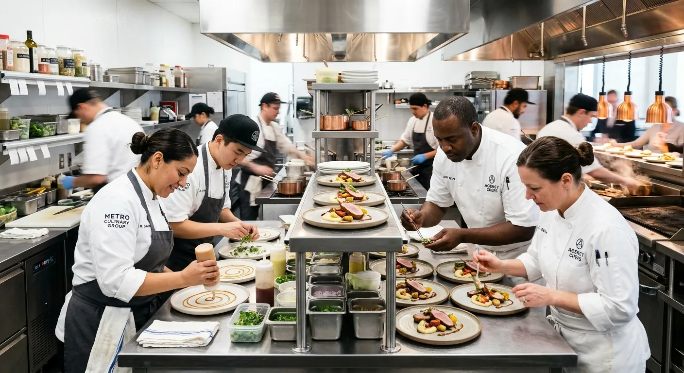 A professional, high-energy kitchen scene. A diverse team of agency chefs in crisp whites are collab... A professional, high-energy kitchen scene. A diverse team of agency chefs in crisp whites are collaborating on a modern plating. The mood is dynamic, skilled, and efficient. Shot in a bright, upscale restaurant kitchen.